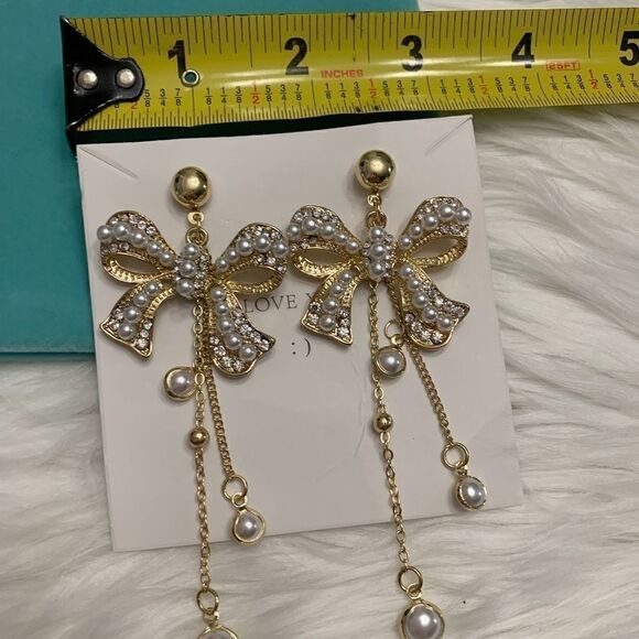 New pearl crystal inlaid bow tassel earrings - Picture 9 of 10